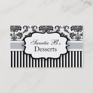 Black and White Damask Business Card with Ice Blue