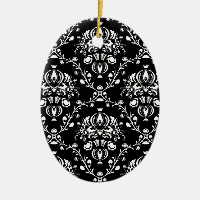 Black and White Damask Ceramic Ornament (Front)