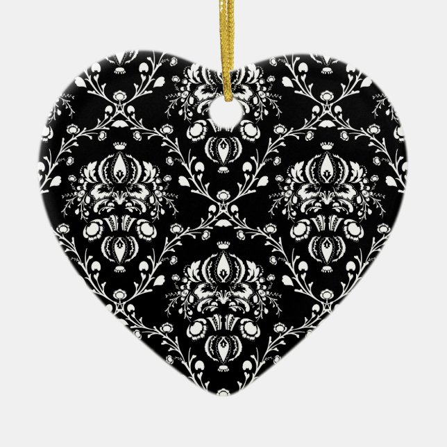 Black and White Damask Ceramic Ornament (Front)