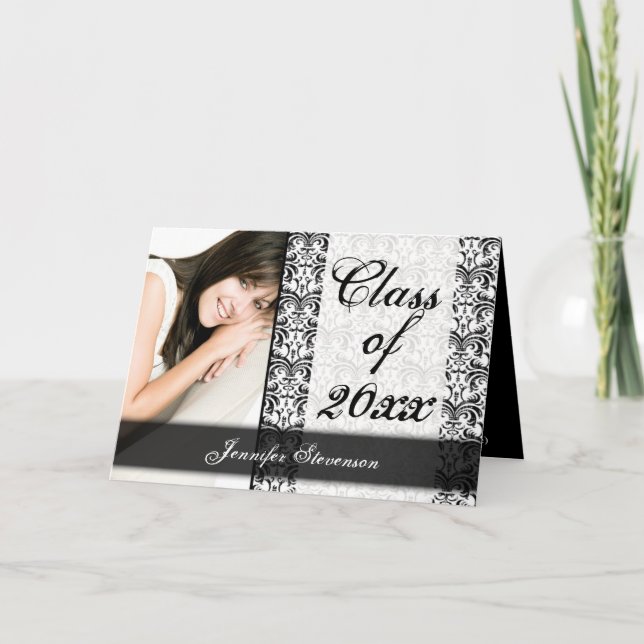 Black and White Damask Chic Graduation Annoncement Invitation (Front)