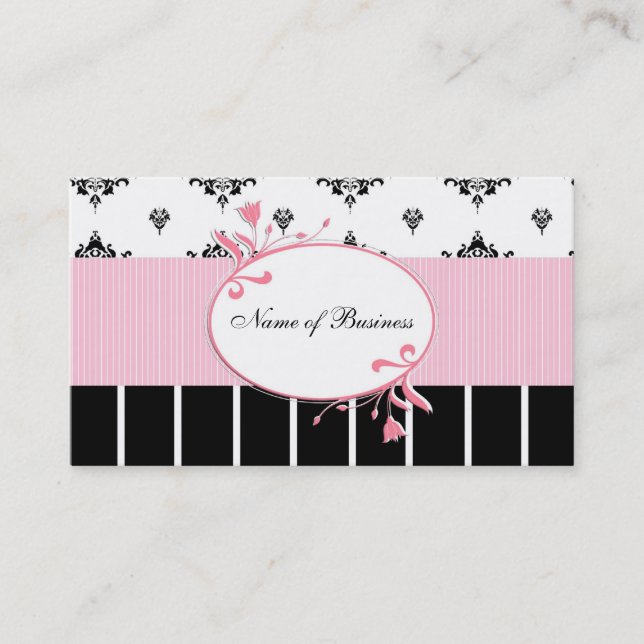 Black And White Damask Chic Pink Floral Business Card (Front)