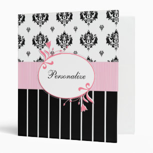 Black And White Damask Chic Pink Floral With Name Binder