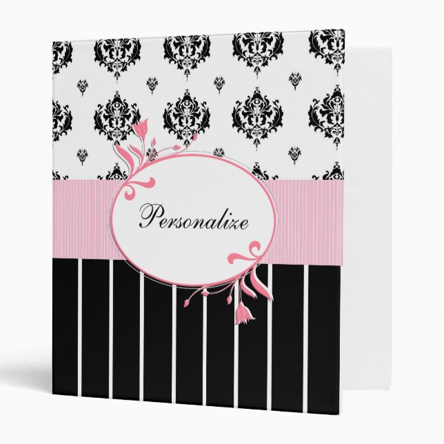 Black And White Damask Chic Pink Floral With Name Binder (Front/Inside)