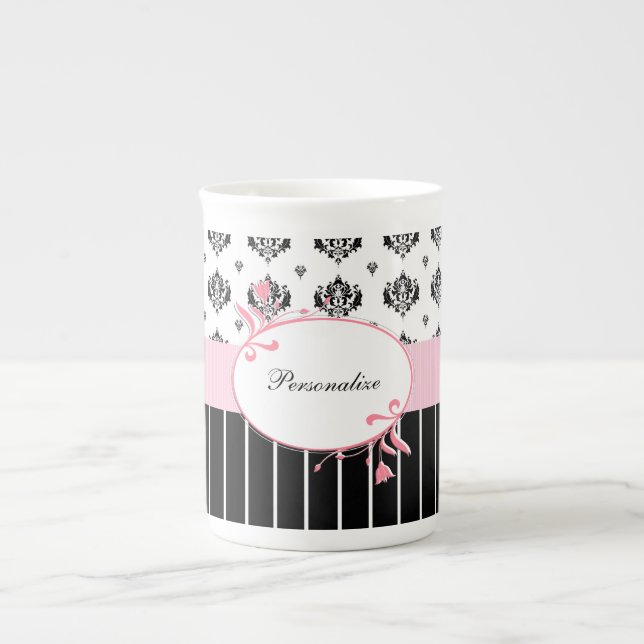 Black And White Damask Chic Pink Floral With Name Bone China Mug (Front)
