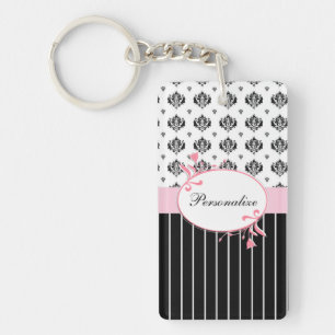 Black And White Damask Chic Pink Floral With Name Keychain