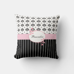 Black And White Damask Chic Pink Floral With Name Throw Pillow