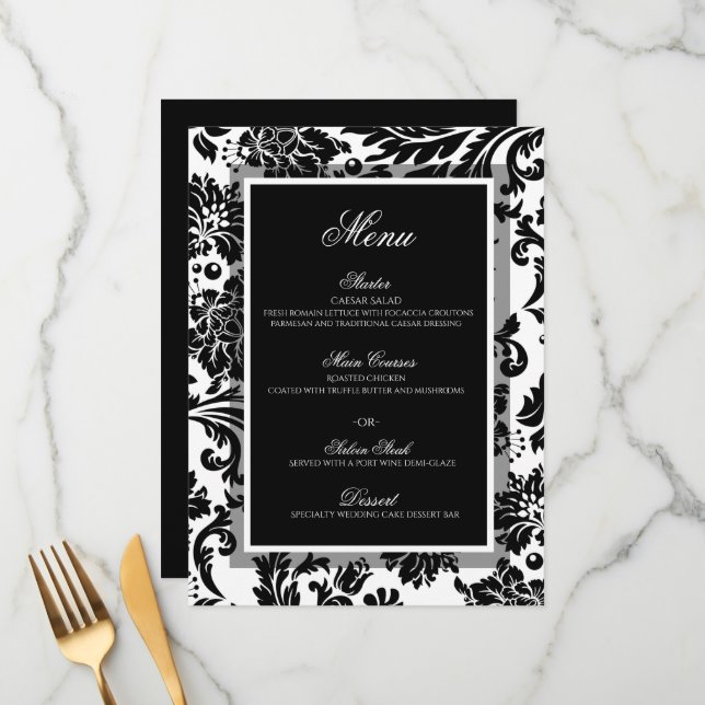 Black and white damask custom wedding flat menu (Front/Back In Situ)