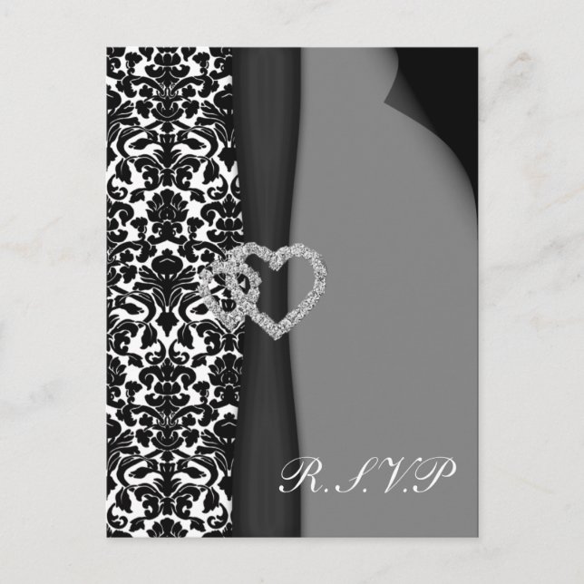 Black and White Damask FAUX ribbon diamante design Invitation Postcard (Front)