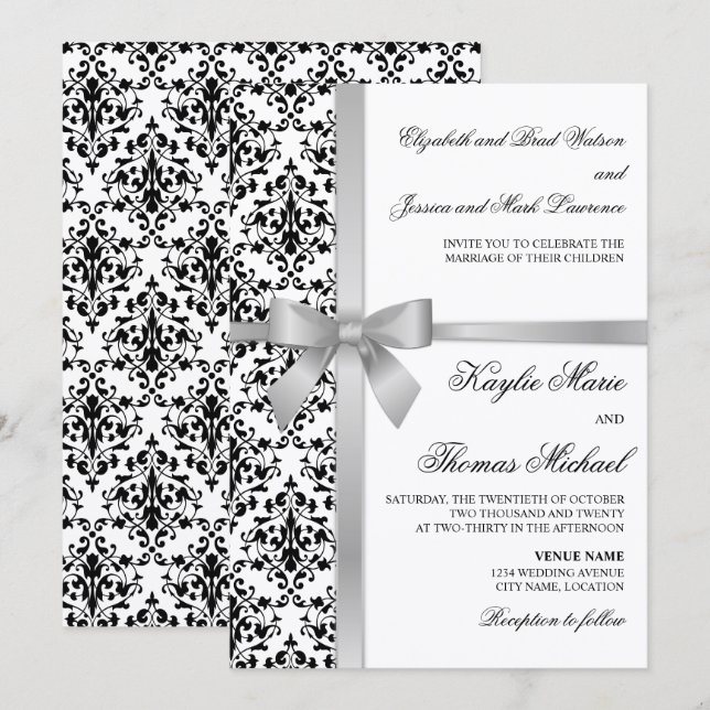 Black and White Damask Faux Silver Ribbon Wedding Invitation (Front/Back)