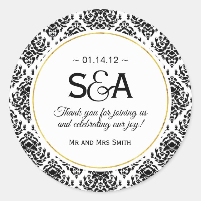Black and White Damask Favour Stickers (Front)