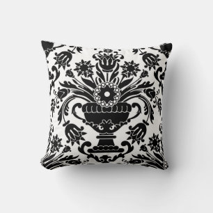Black and White Damask Floral Pattern Elegant Throw Pillow