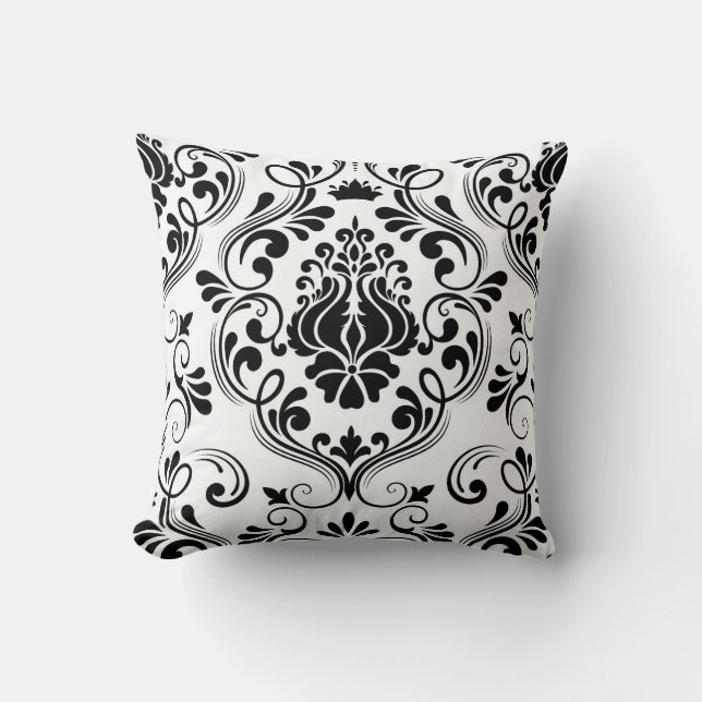 Black and White Damask Floral Pattern Elegant  Throw Pillow (Front)