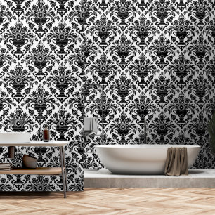 Black and White Damask Floral peel and stick Wallpaper