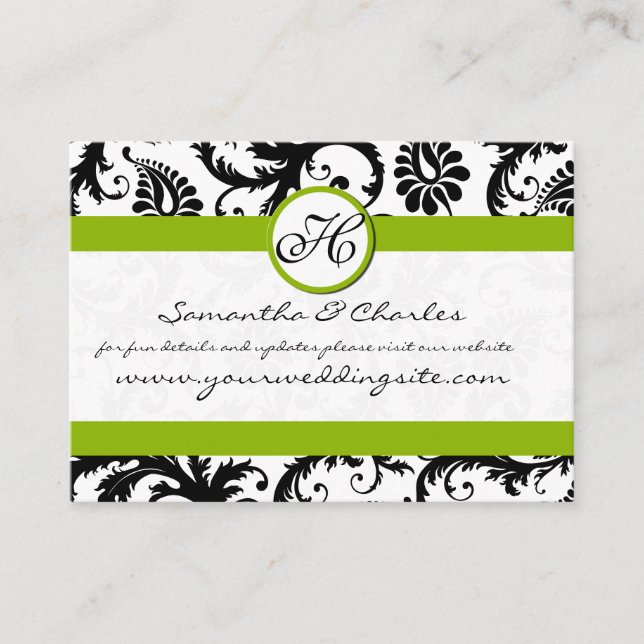 Black and White Damask Floral with Apple Green Enclosure Card (Front)