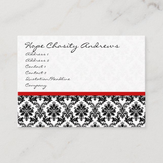 Black and White Damask Floral  with Red Ribbon Business Card (Front)