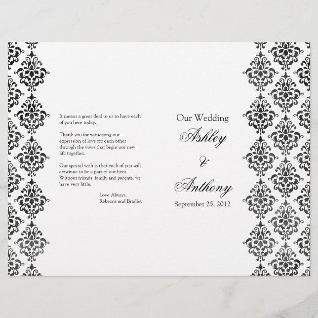 Black and White Damask Foldable Wedding Program (Front)