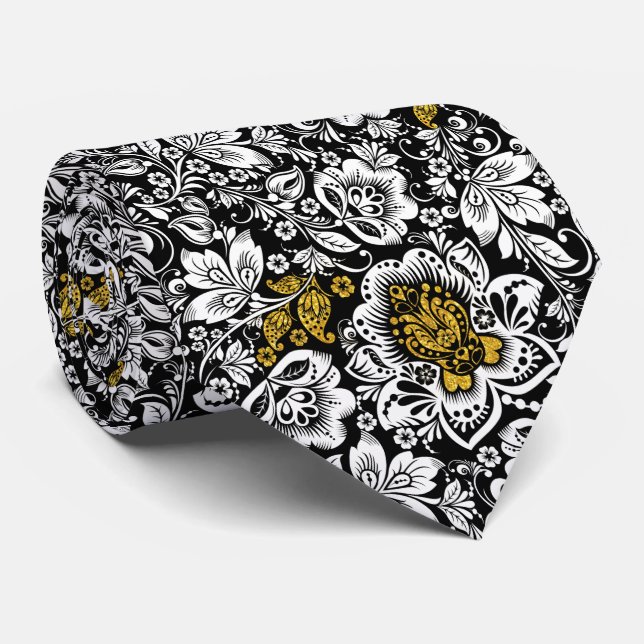 Black And White Damask Gold Accents Tie (Rolled)