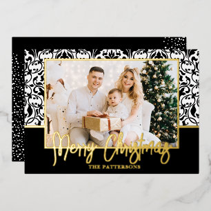 Black and White Damask Gold Foil Holiday Card