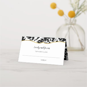 Black and White Damask Gold Trim Wedding Place Card