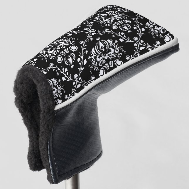Black and White Damask Golf Head Cover (3/4 Front)