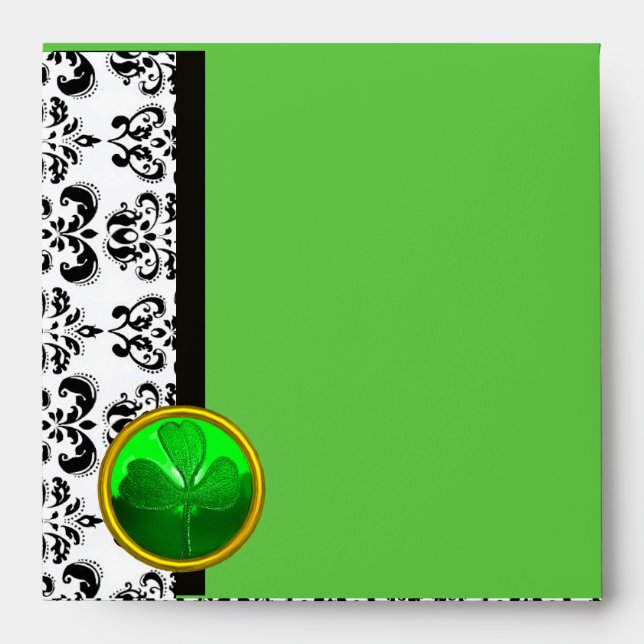 BLACK AND WHITE DAMASK ,GREEN SHAMROCK ENVELOPE (Front)