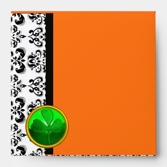 BLACK AND WHITE DAMASK ,GREEN SHAMROCK Orange Envelopes (Front)