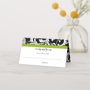 Black and White Damask Green Trim Wedding Place Card