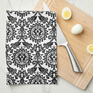 Black and White Damask Hare Pattern  Kitchen Towel