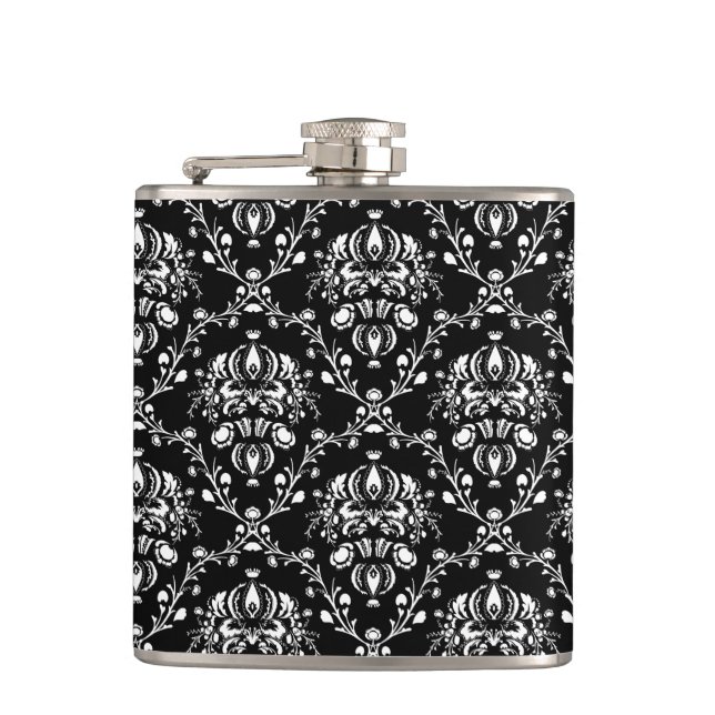 Black and White Damask Hip Flask (Front)