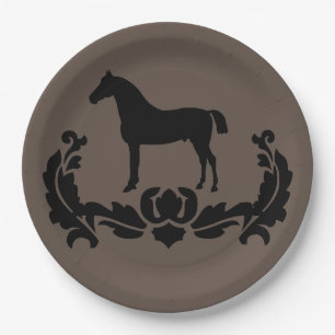 Black and White Damask Horse Paper Plate