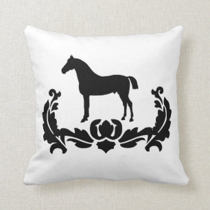 Black and White Damask Horse Throw Pillow