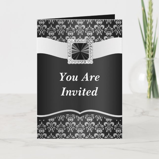 Black and white damask invitation (Front)