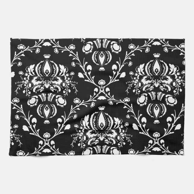 Black and White Damask Kitchen Towel (Horizontal)