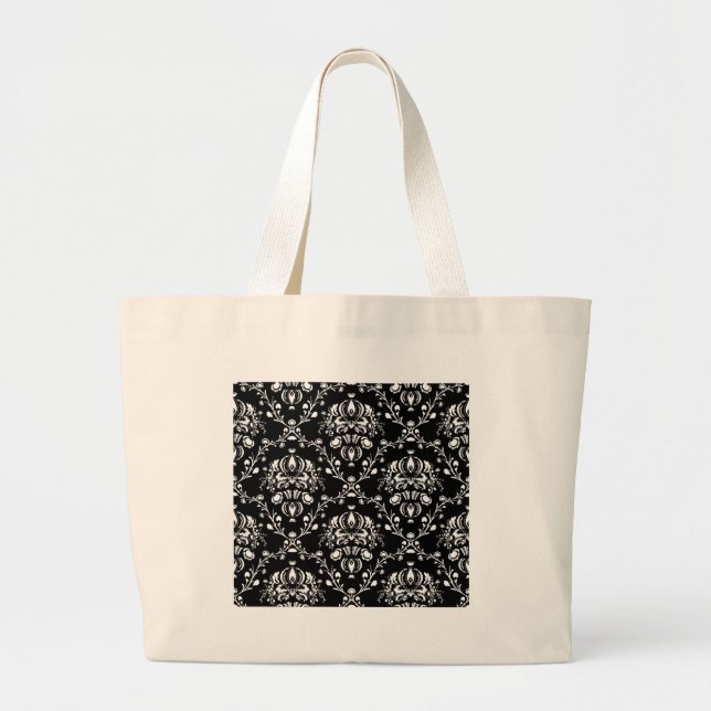 Black and White Damask Large Tote Bag (Front)