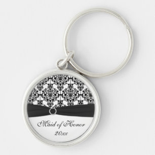 Black and White Damask Maid of Honour Keychain