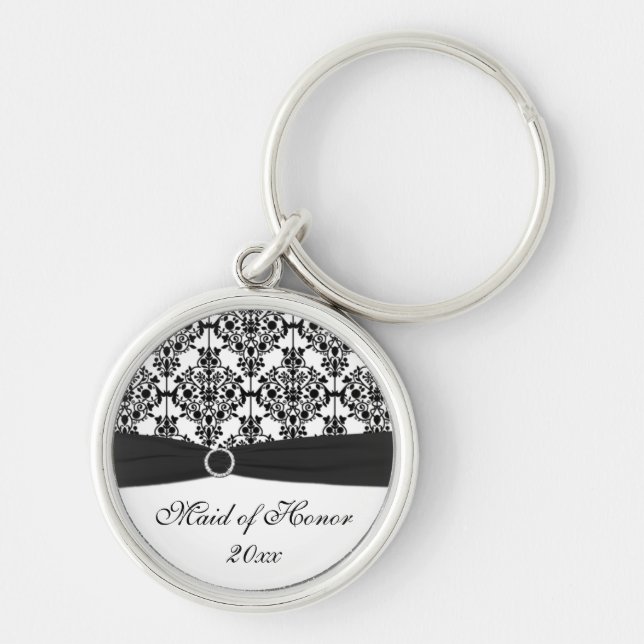 Black and White Damask Maid of Honour Keychain (Front)