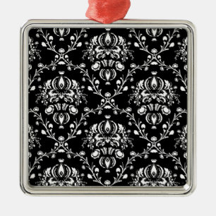 Black and White Damask Metal Ornament