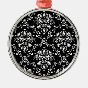 Black and White Damask Metal Ornament