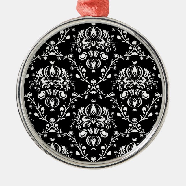 Black and White Damask Metal Ornament (Front)