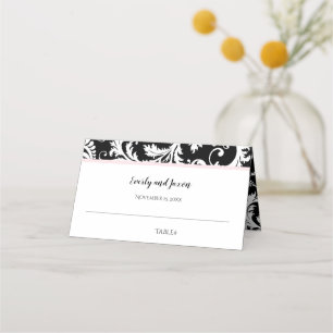 Black and White Damask Millennial Pink Wedding Place Card