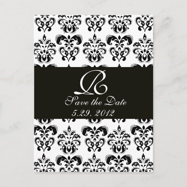 BLACK AND WHITE DAMASK MONOGRAM ANNOUNCEMENT POSTCARD (Front)