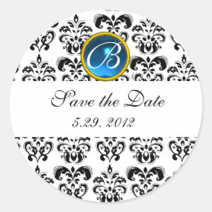 BLACK AND WHITE DAMASK MONOGRAM blue sapphire Classic Round Sticker