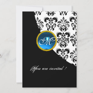 BLACK AND WHITE DAMASK MONOGRAM,blue sapphire Invitation