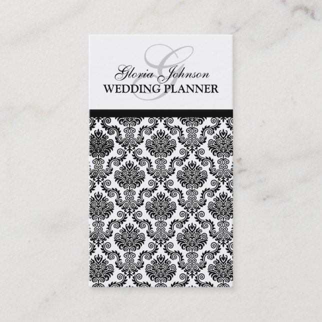 Black and White Damask Monogram Business Card (Front)