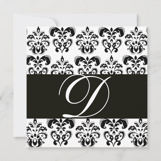 BLACK AND WHITE DAMASK MONOGRAM INVITATION (Front)