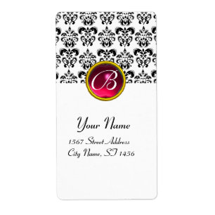 BLACK AND WHITE DAMASK MONOGRAM, Red Pink Ruby