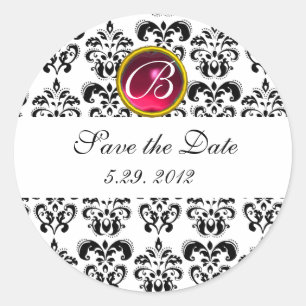BLACK AND WHITE DAMASK MONOGRAM ,red ruby Classic Round Sticker