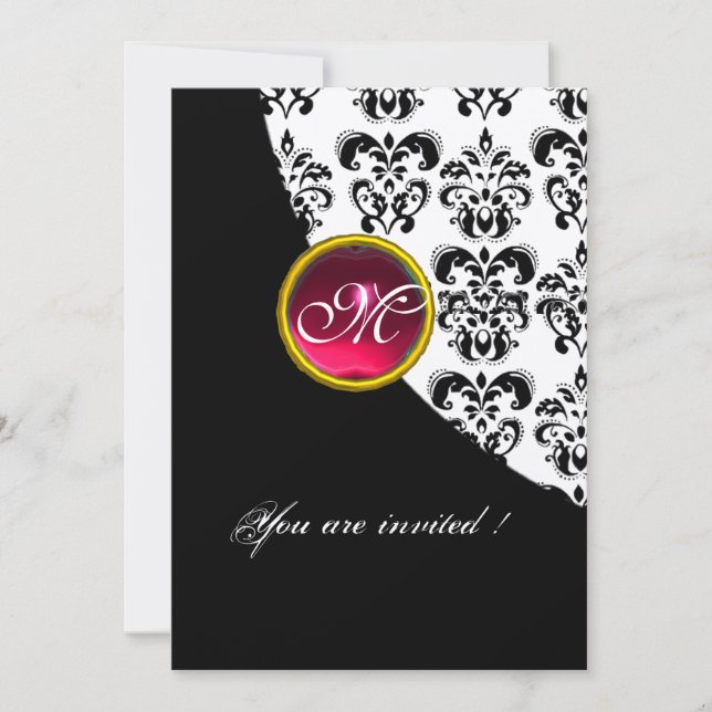 BLACK AND WHITE DAMASK MONOGRAM,red ruby,fuchsia Invitation (Front)