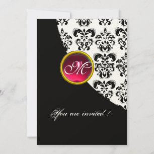 BLACK AND WHITE DAMASK MONOGRAM,red ruby,fuchsia Invitation