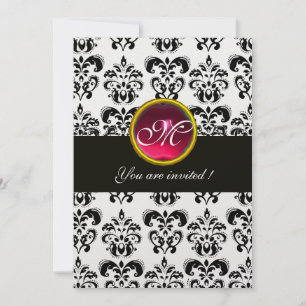 BLACK AND WHITE DAMASK MONOGRAM,red ruby,fuchsia Invitation